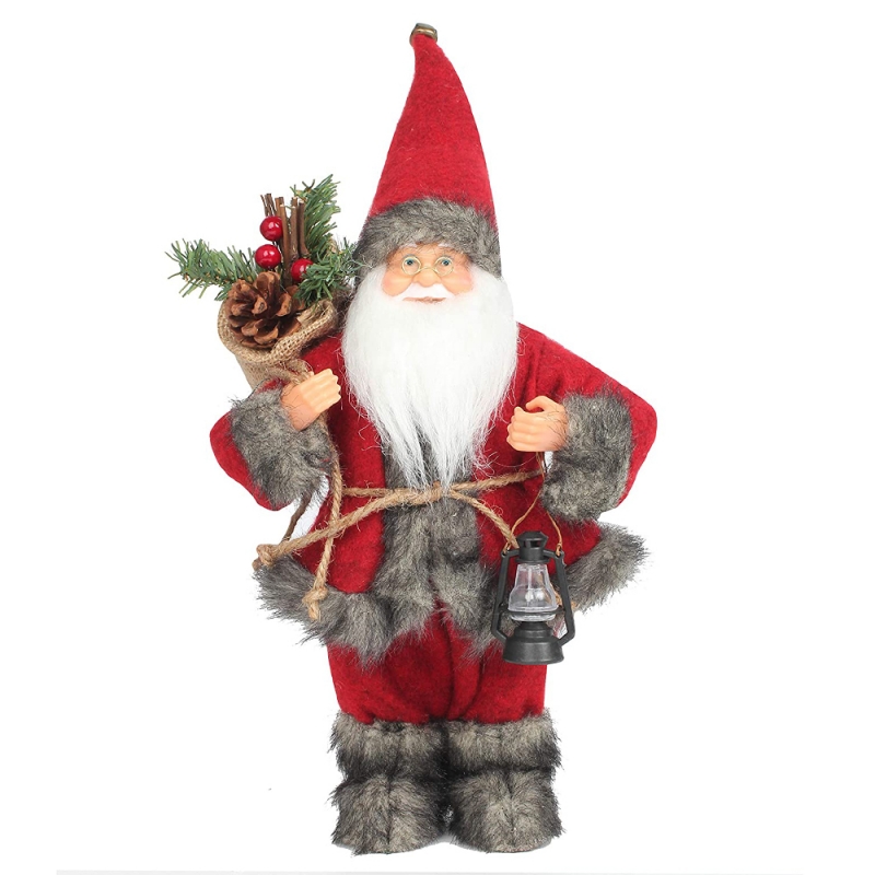 14-calowy Red Santa Claus Ornament Figurka dekoracji z lampąnaftową i sosnowym stożkiem w torbie świąteczny festiwal świąteczny